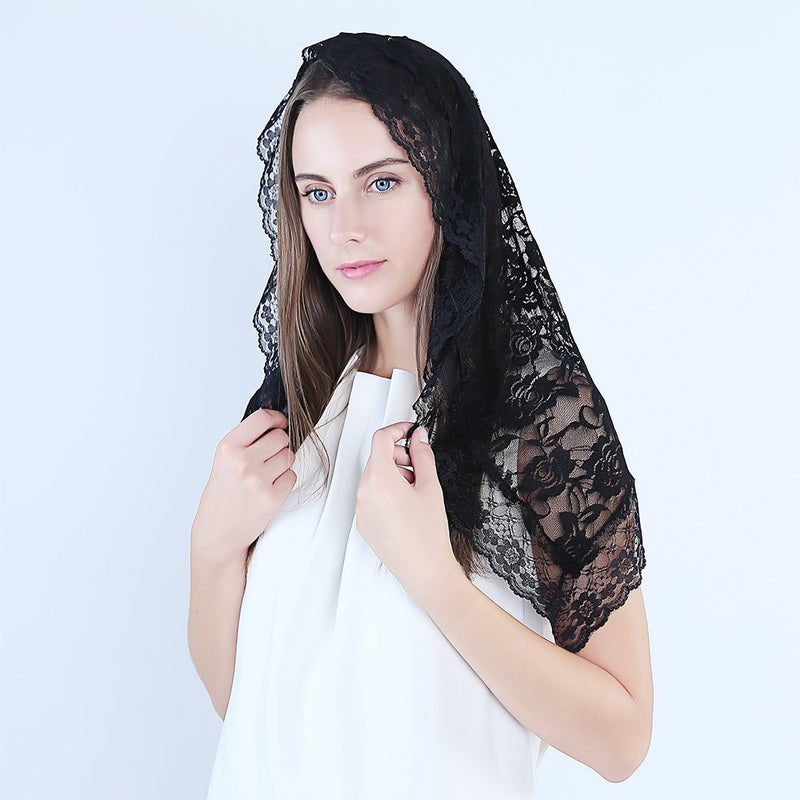 TREORSI Lace Mantilla Catholic Chapel Veil Head Covering for Church - Latin Mass (Black) - Image 2
